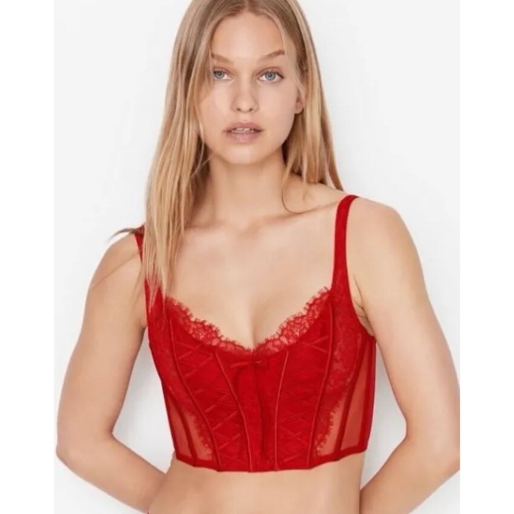 VICTORIAS SECRET Dream Angels Lipstick Red Corset Top Boned Lace New Medium